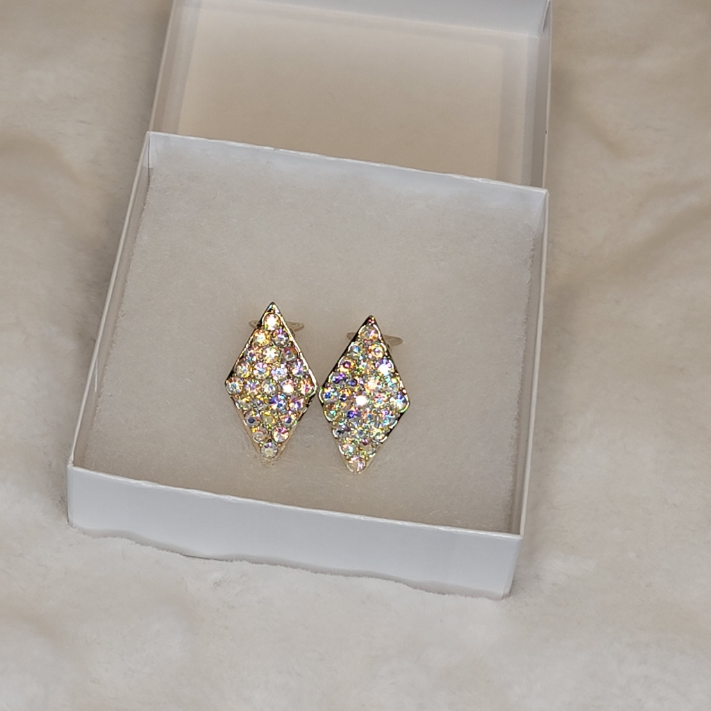 Emmons Diamond Shaped Pave Set Rhinestone Earrings Clip On Aurora Borealis Vtg